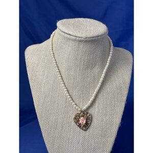 Vintage Plastic Faux Pearl Necklace Goldtone Filigree Heart Ceramic Rose J Hook
